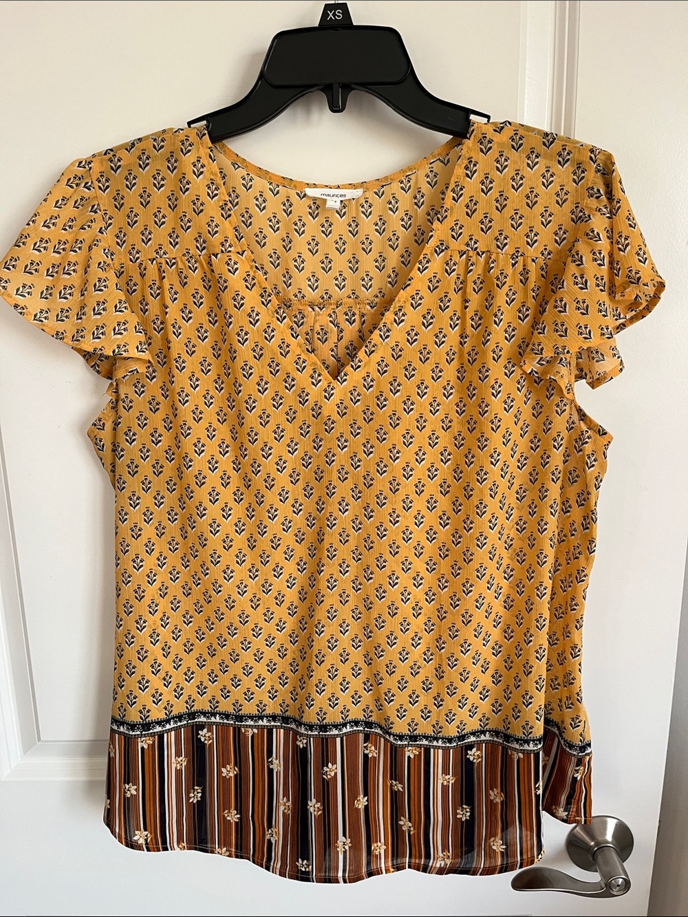 Maurices Mustard Printed Flutter-Sleeve Blouse with contrast Hem